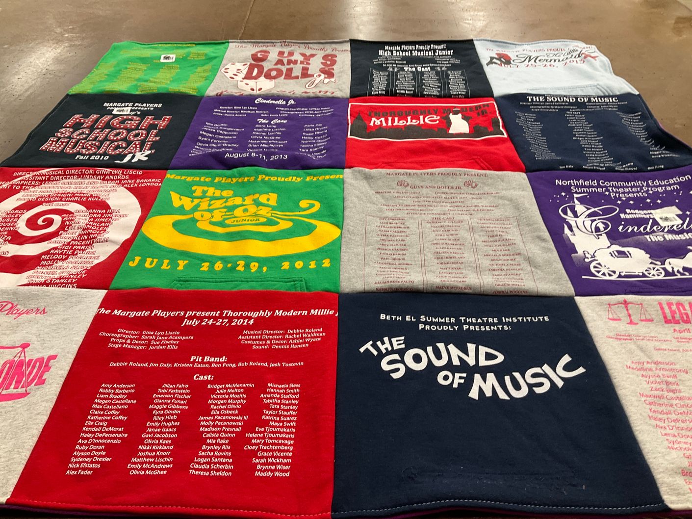 T-shirt quilt with theater, musicals themes by Laura from NJ