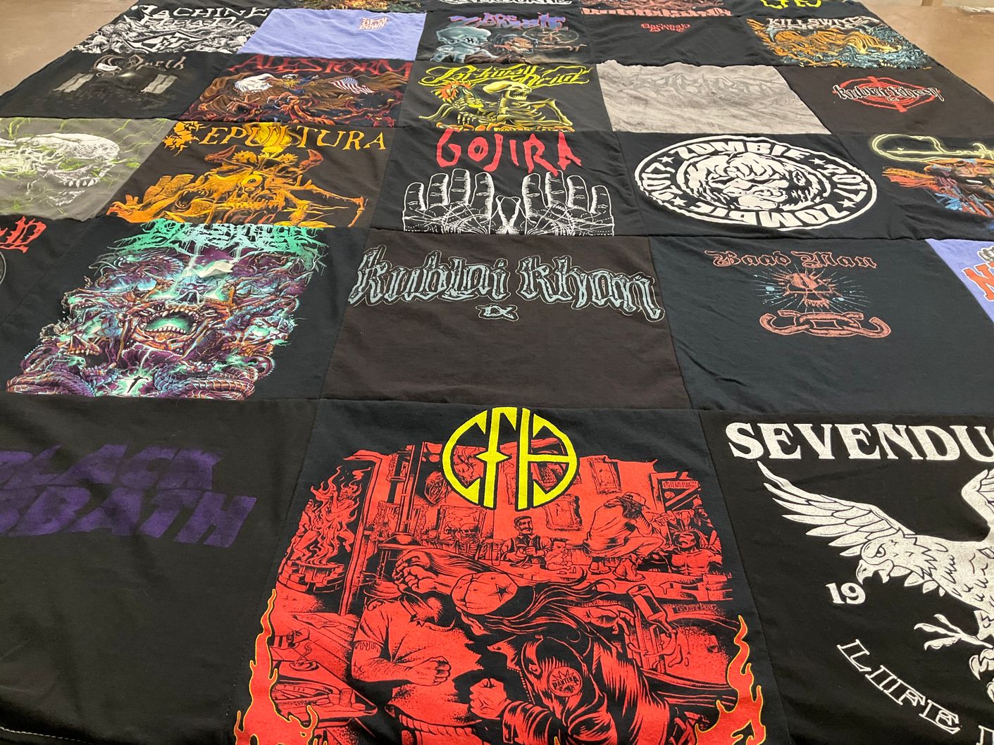 T-shirt quilt with music, metal themes by Richard from TX