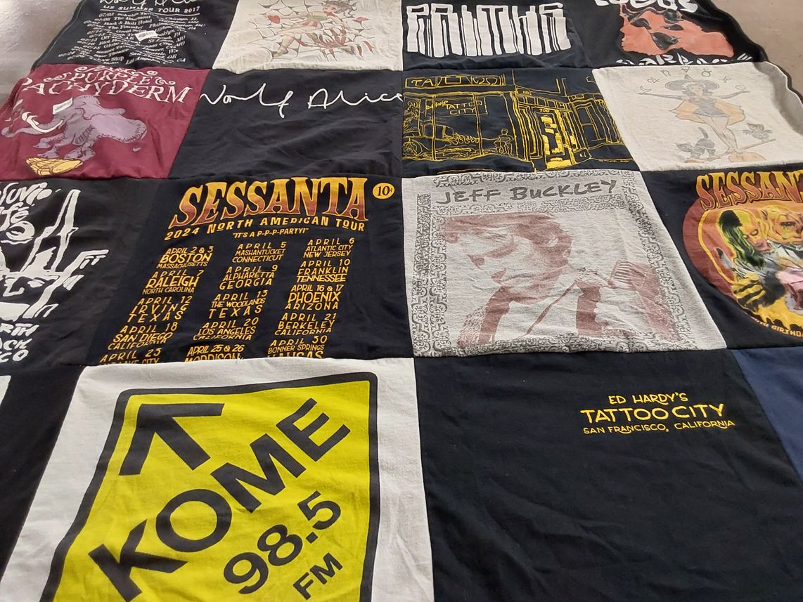 T-shirt quilt with music, tattoos themes by Michelle from CA