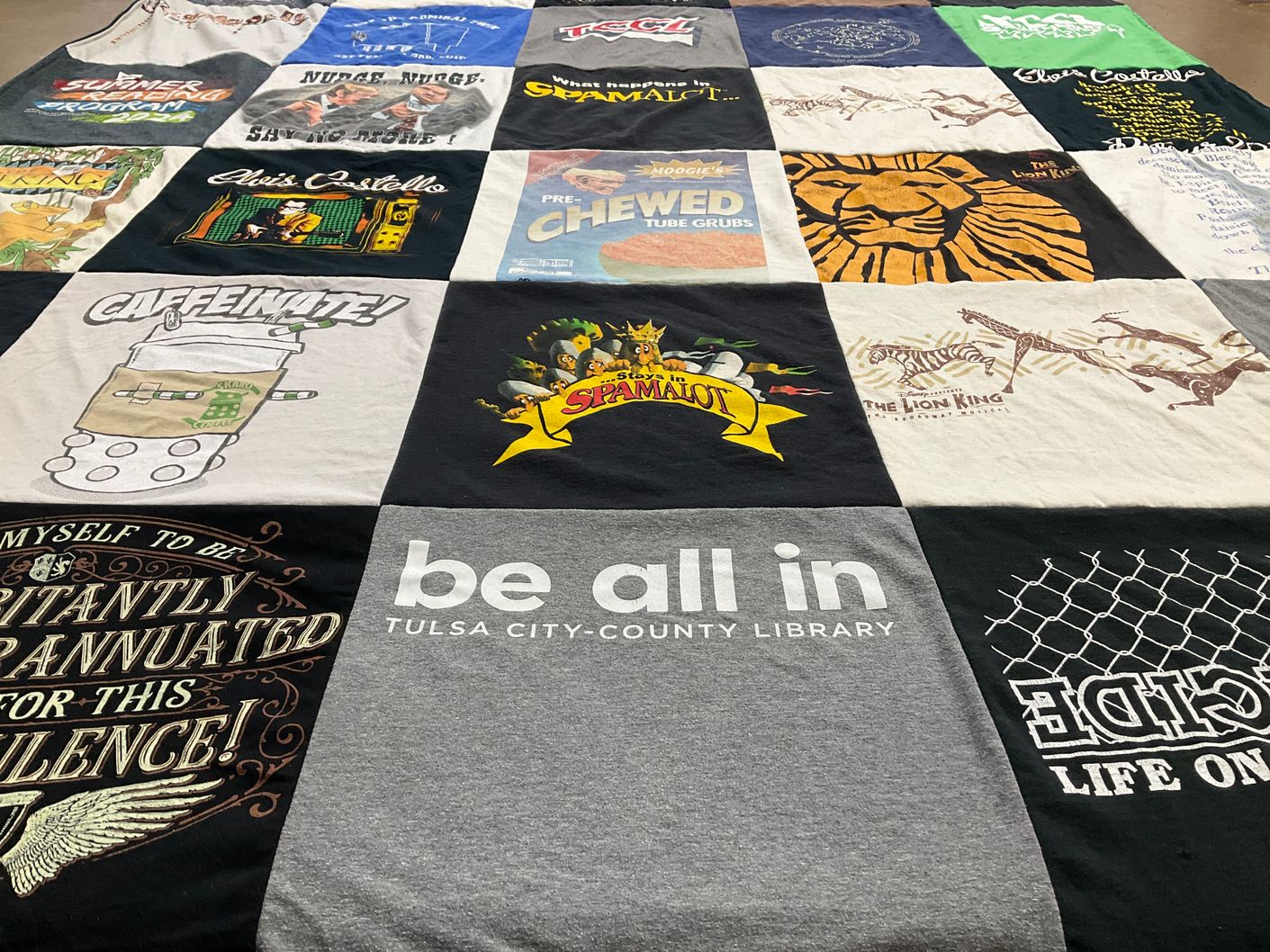 T-shirt quilt with theater, comedy themes by Tina from OK