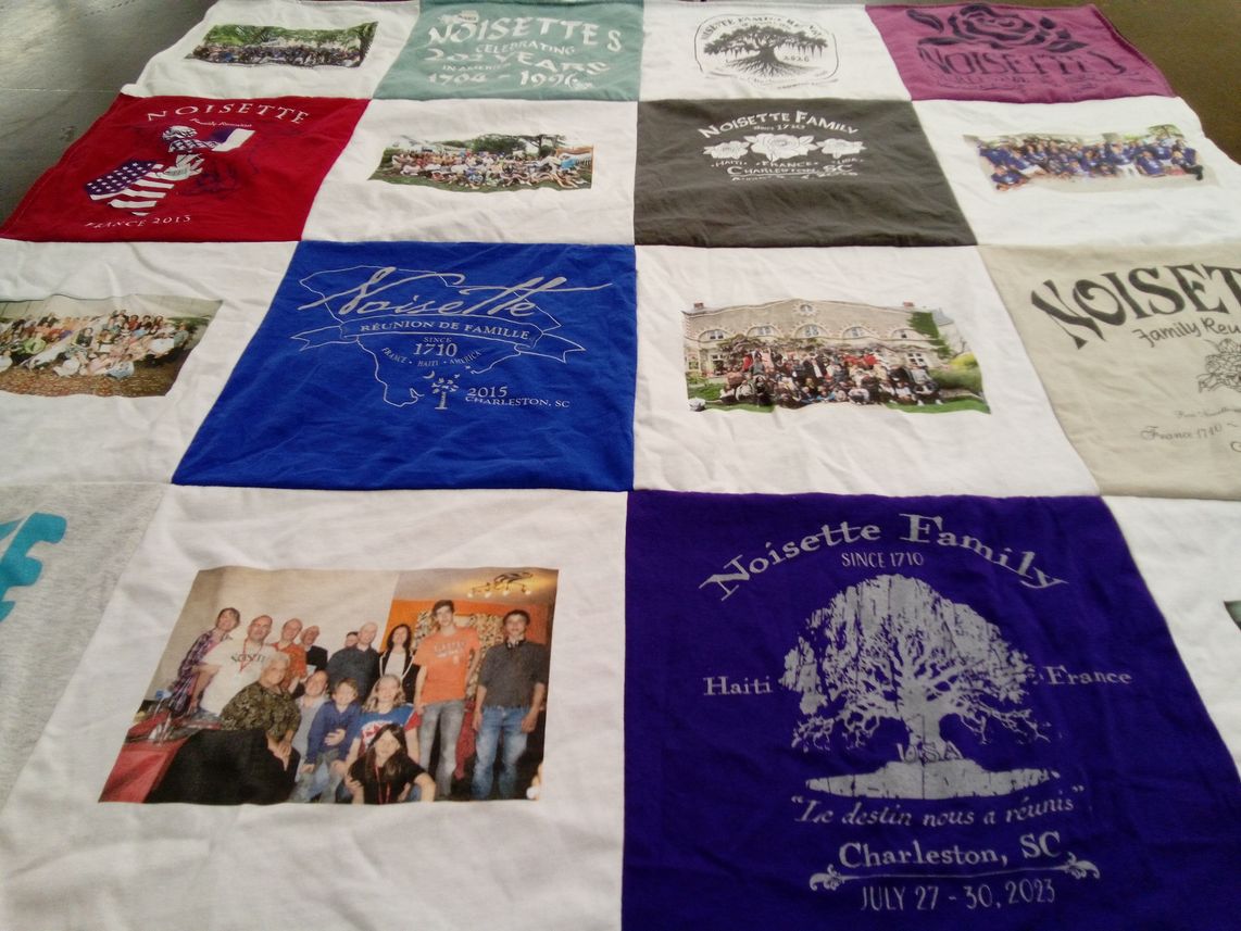 T-shirt quilt with family gatherings, kinship themes by Margaret from OR
