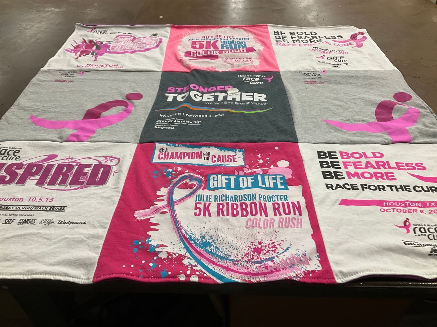 T-shirt quilt with breast cancer awareness, charity events themes by Sadie from TX