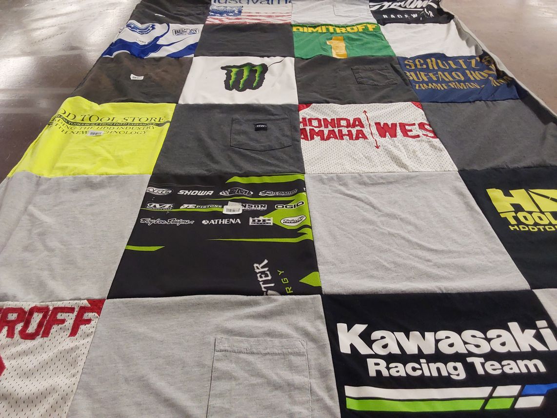 T-shirt quilt with motor racing, mechanics themes by Susan from MO