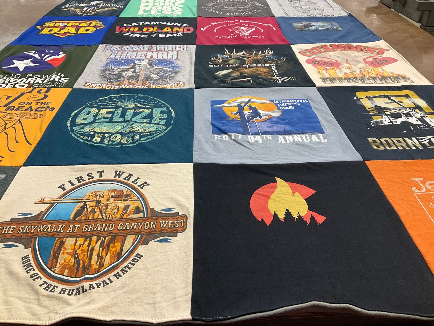 T-shirt quilt with outdoors, travel themes by Shelly from CO
