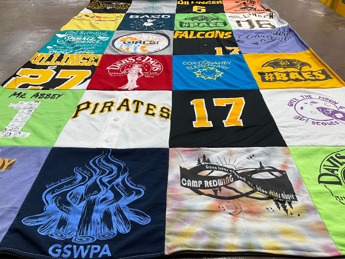 T-shirt quilt featuring killinger pirates, dillinger falcons by Jennifer from PA