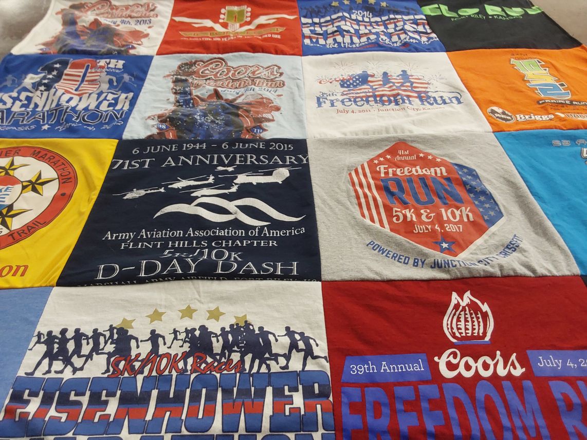 T-shirt quilt with running, marathons themes by Sandra from MO