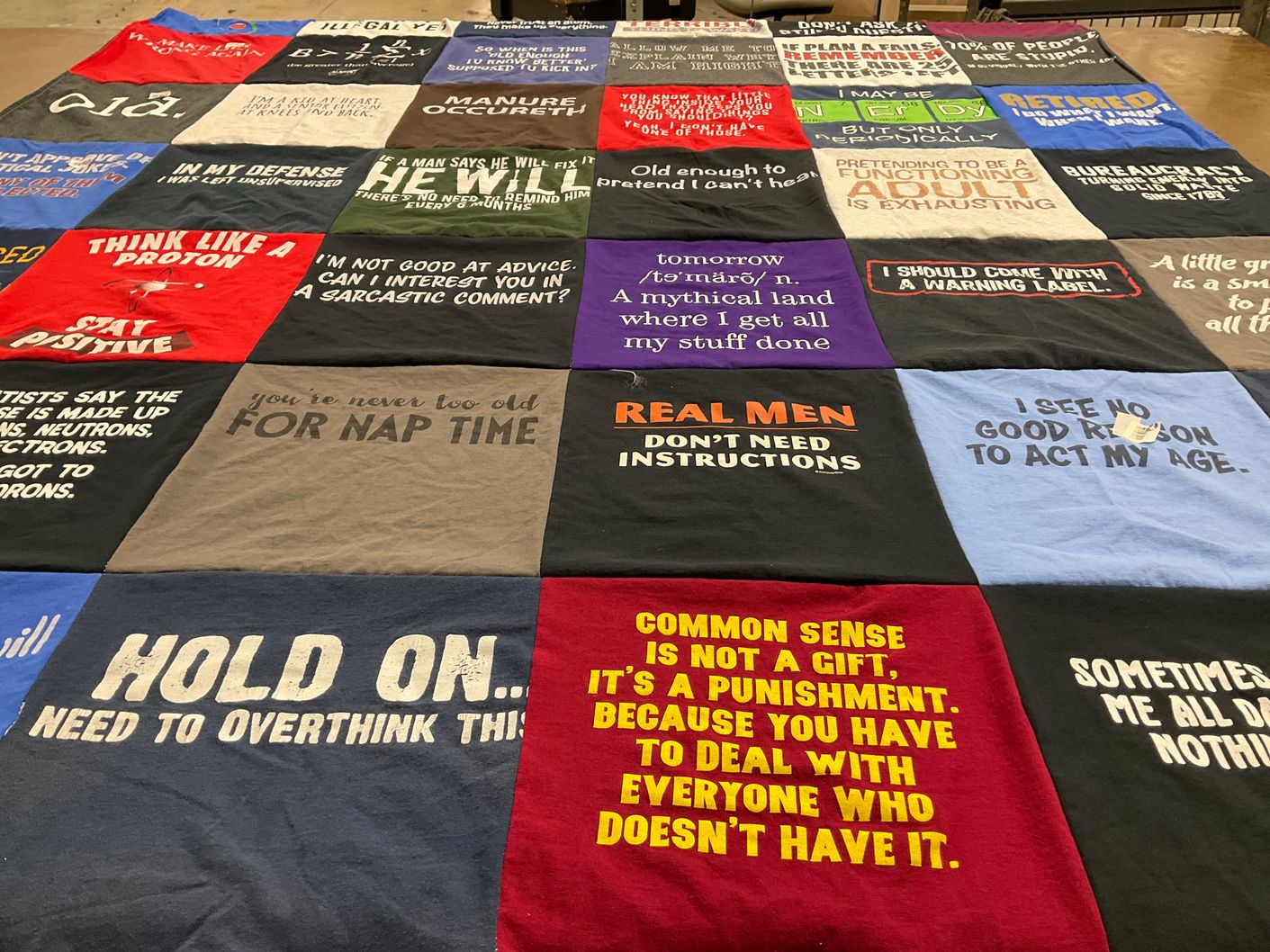 T-shirt quilt with humor, science themes by Ruth from FL