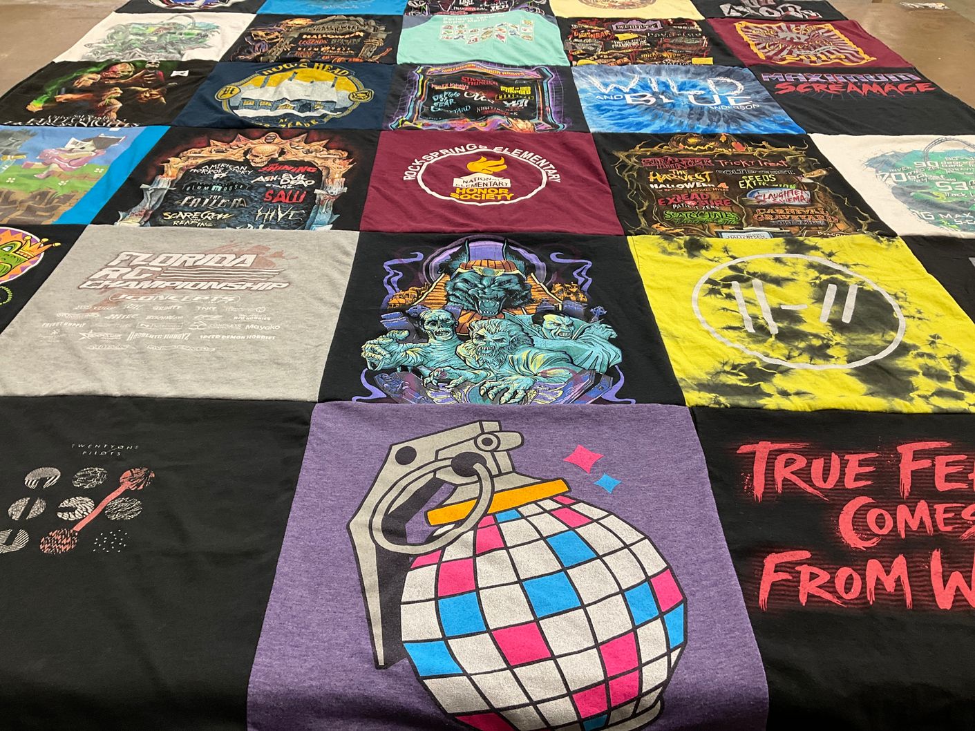 T-shirt quilt with gaming, horror themes by Mindy from FL