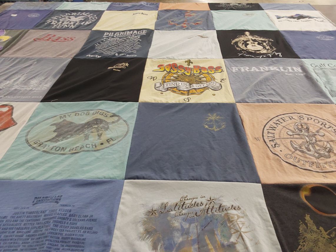 T-shirt quilt with music, sports themes by Susie from TN