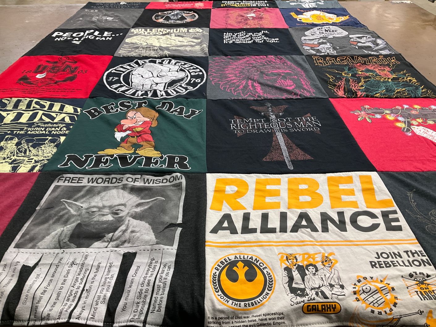 T-shirt quilt with star wars, cartoons themes by Shannon from TX