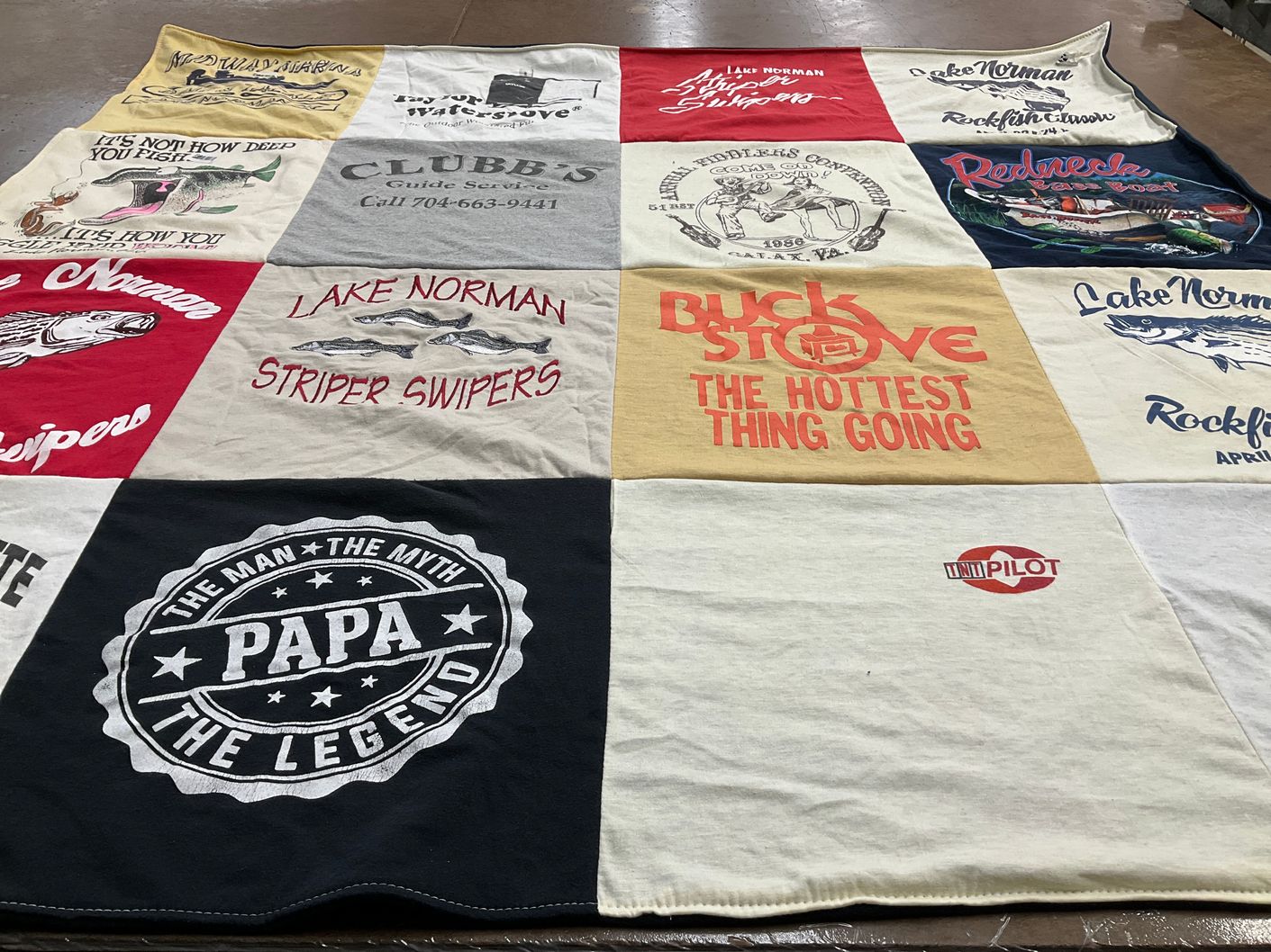 T-shirt quilt with fishing, lake activities themes by Lisa from NC