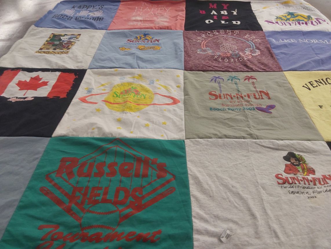 T-shirt quilt with travel, vacation themes by Lisa from NC