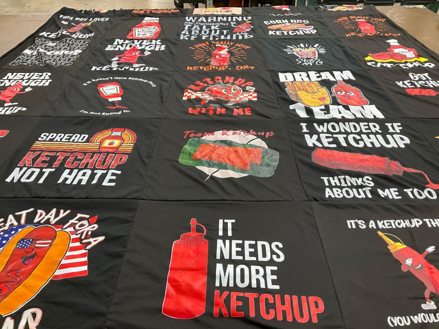 T-shirt quilt with ketchup, food themes by Kristina from WI