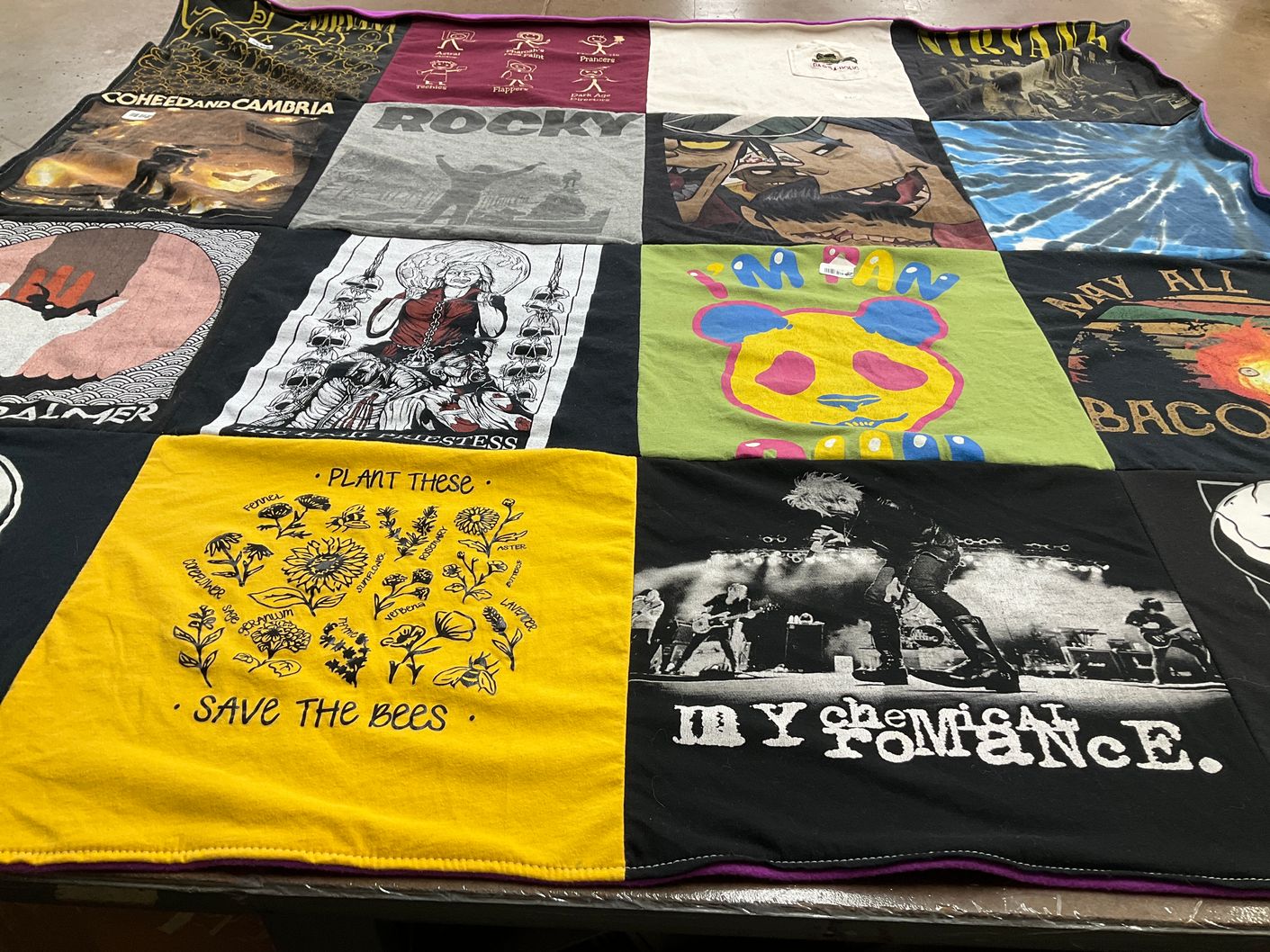 T-shirt quilt with music, environmentalism themes by Jeremey from AR