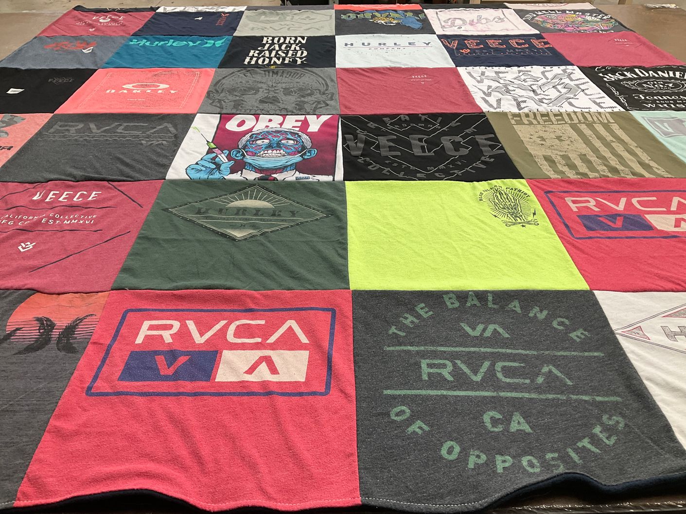 T-shirt quilt with skateboarding, surfing themes by Gina from FL
