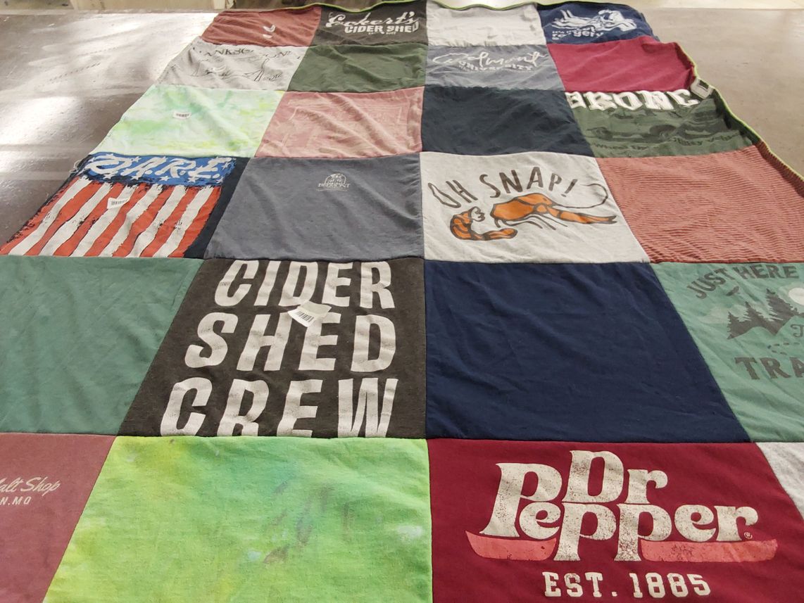 T-shirt quilt with cider, soda themes by Rose from MO