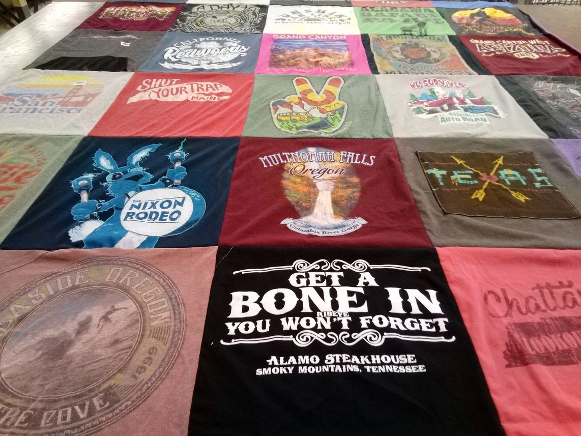 T-shirt quilt with travel, food themes by Shasta from OR