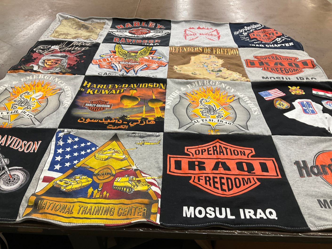 T-shirt quilt with motorcycles, military themes by Shane from AZ