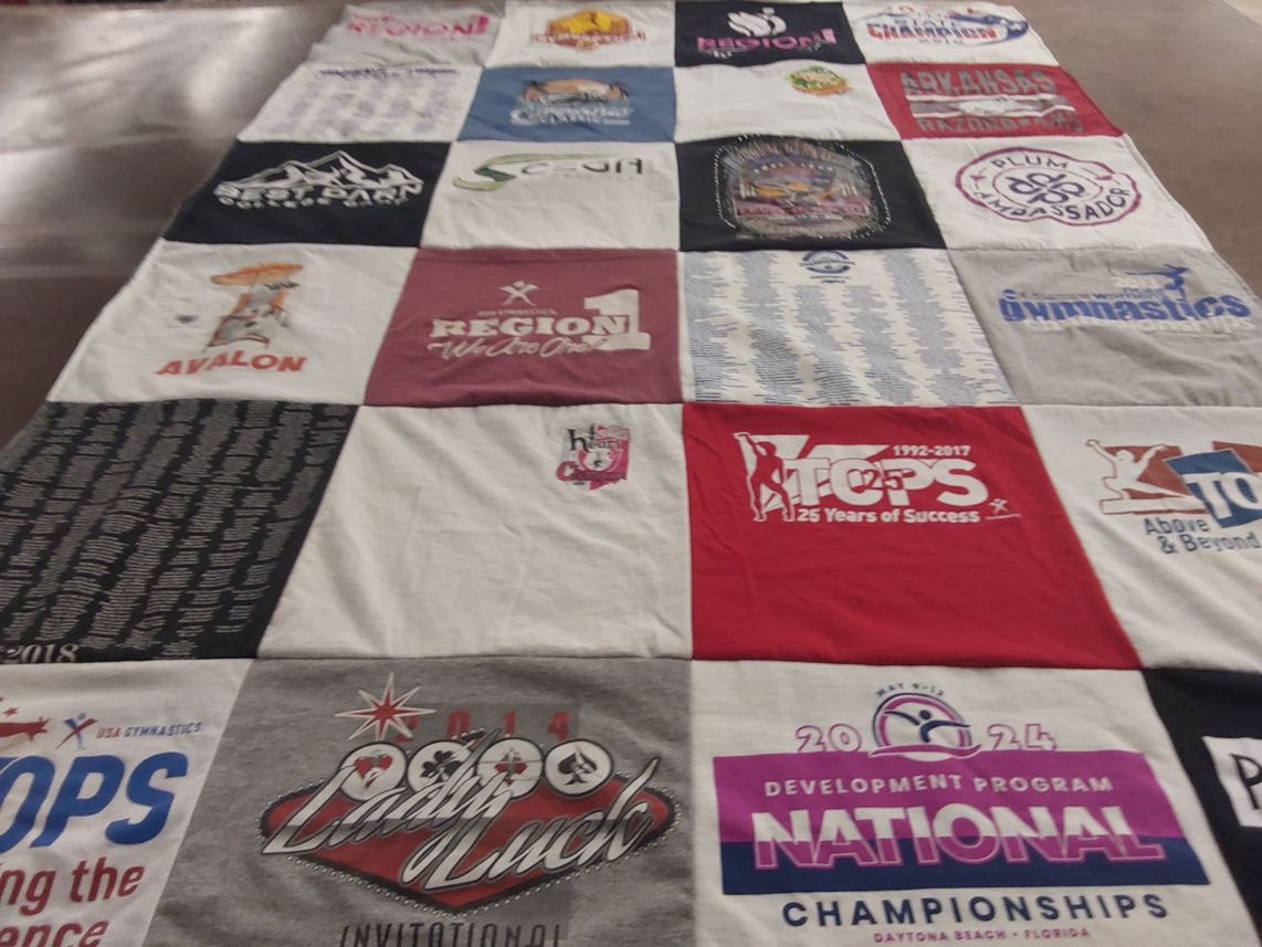 T-shirt quilt with gymnastics, sports themes by robin from CA