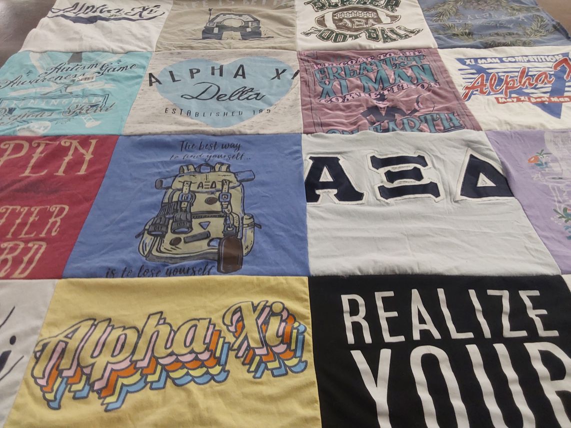 T-shirt quilt with college life, sororities themes by Zachary from AL
