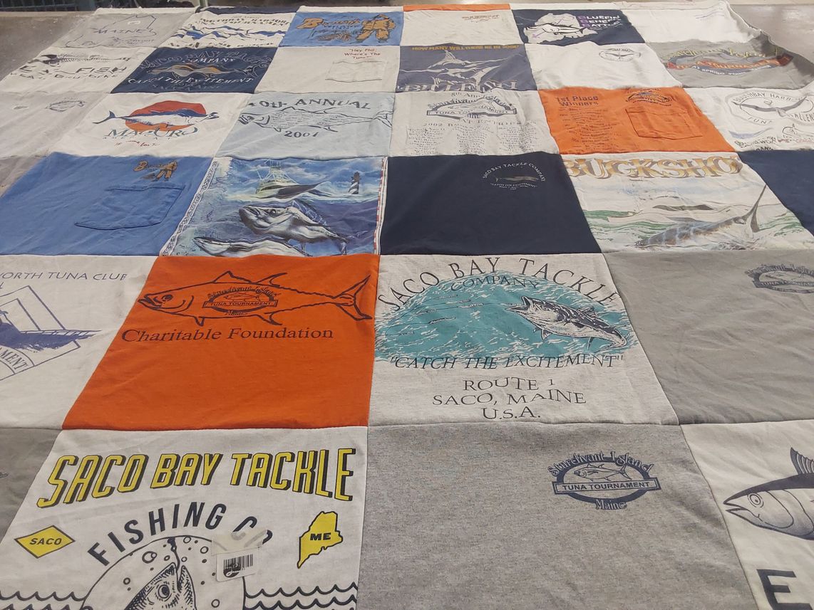 T-shirt quilt with fishing, tuna themes by Judy from ME