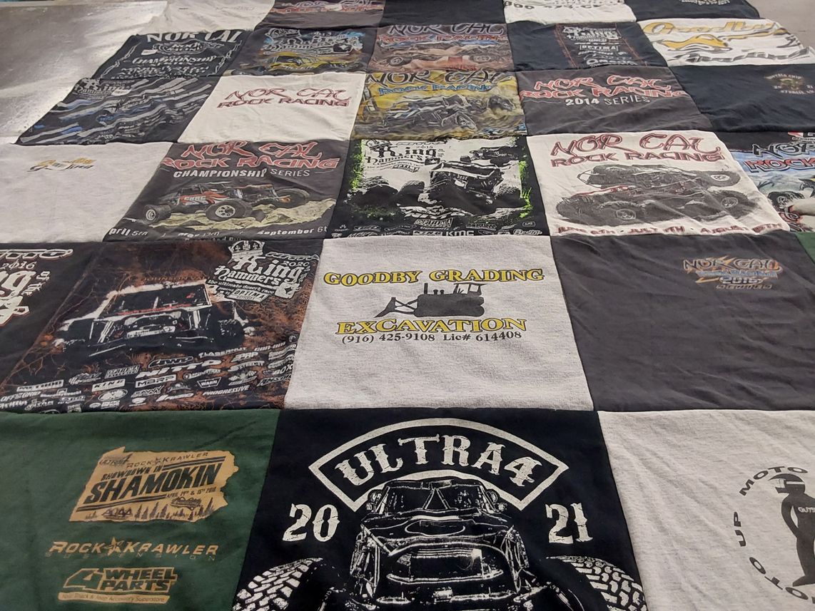 T-shirt quilt with rock racing, off-road themes by John from CA