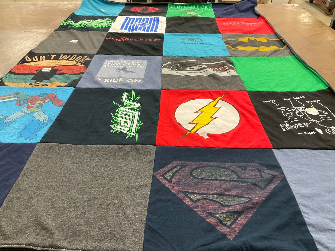 T-shirt quilt with comics, superheroes themes by Christy from FL