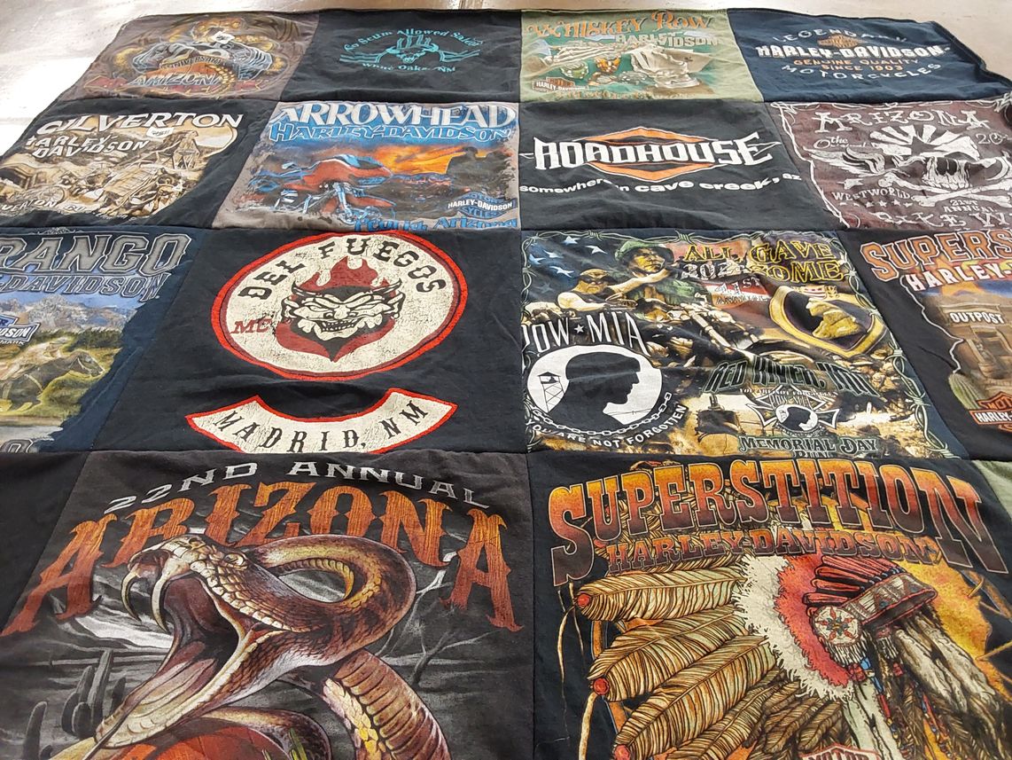 T-shirt quilt with motorcycles, biker culture themes by Stephen from NM