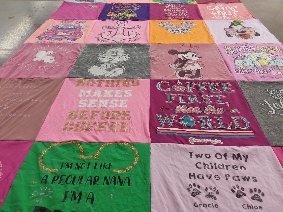 T-shirt quilt with coffee, disney themes by Patricia from LA