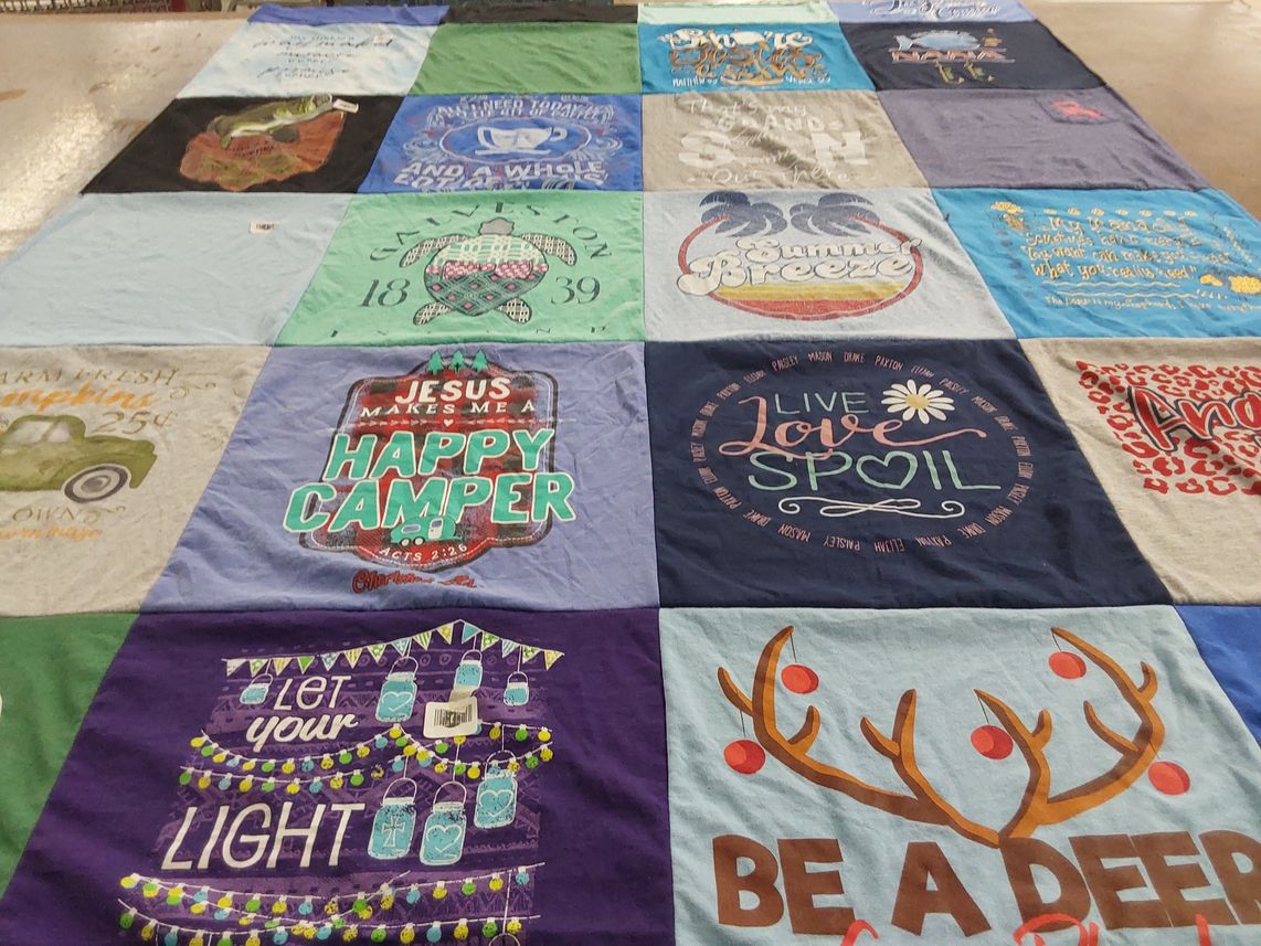 T-shirt quilt with camping, outdoors themes by Patricia from LA