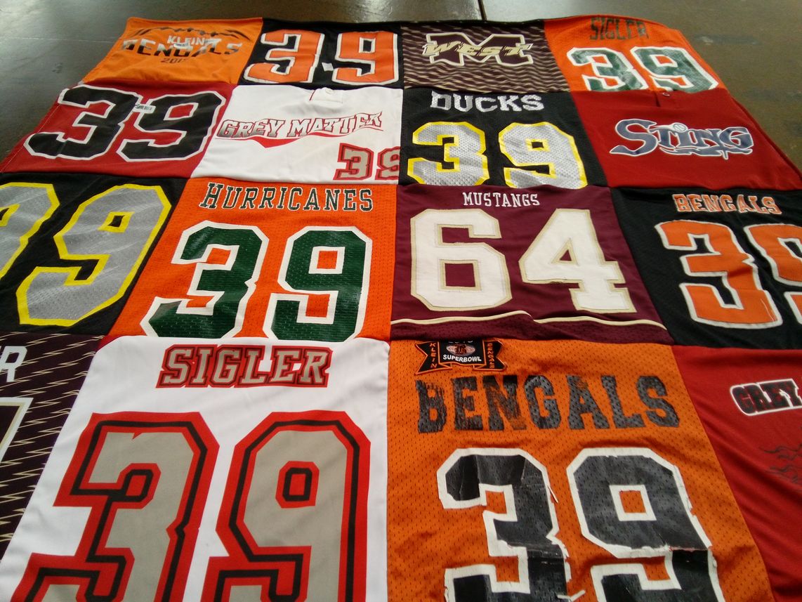 T-shirt quilt featuring bengals, mustangs by Brian from TX