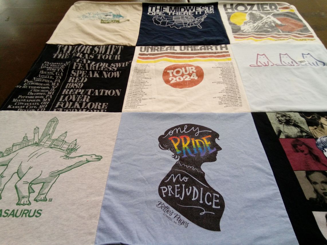 T-shirt quilt with music, concerts themes by Emily from VA
