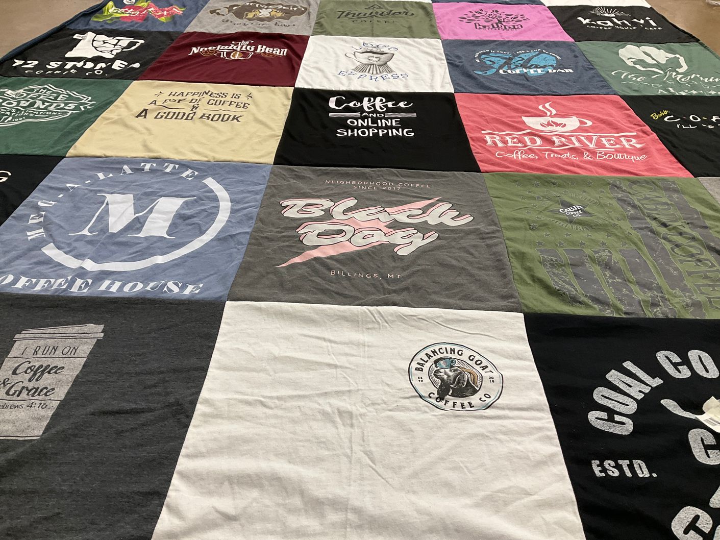 T-shirt quilt with coffee, reading themes by Janelle from ND