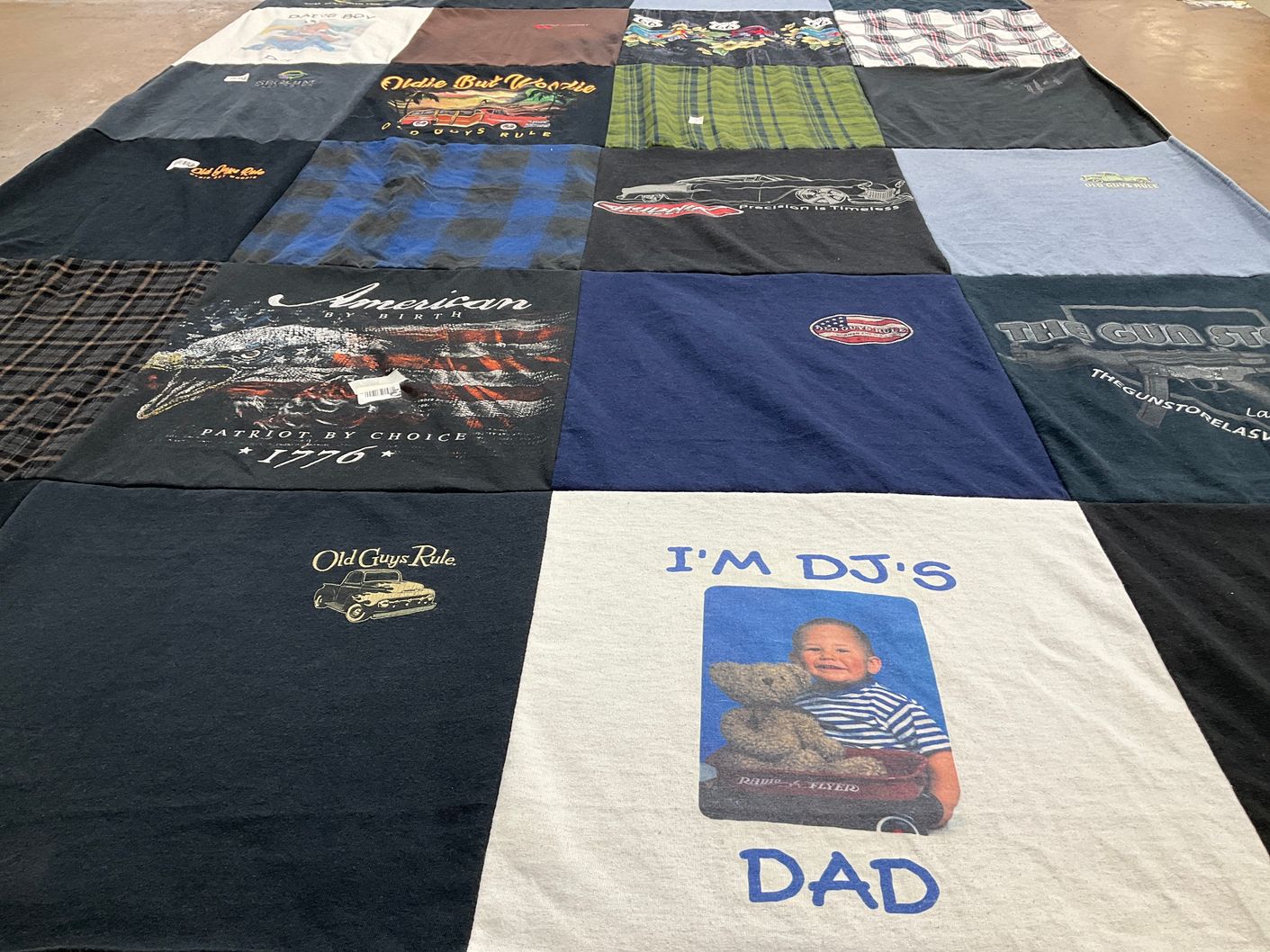 T-shirt quilt with cars, patriotism themes by Lia from CA