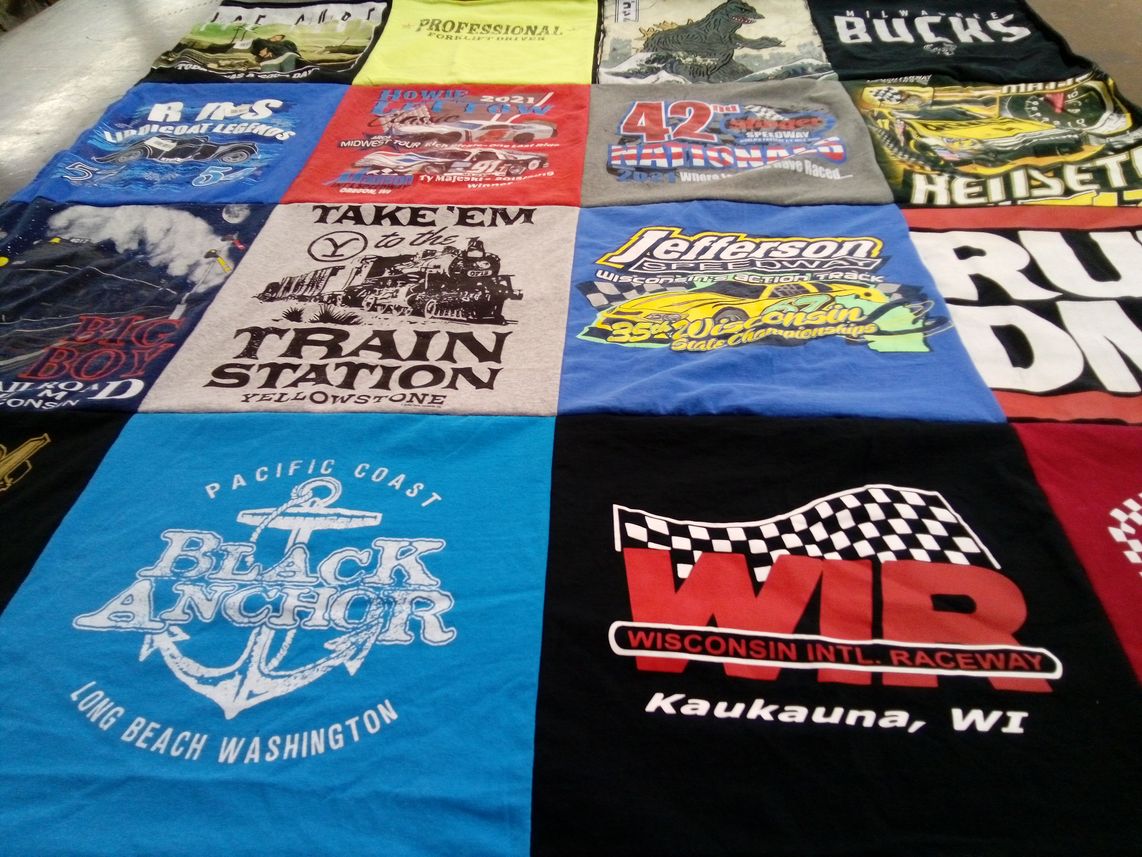 T-shirt quilt with racing, railroads themes by Patricia from WI