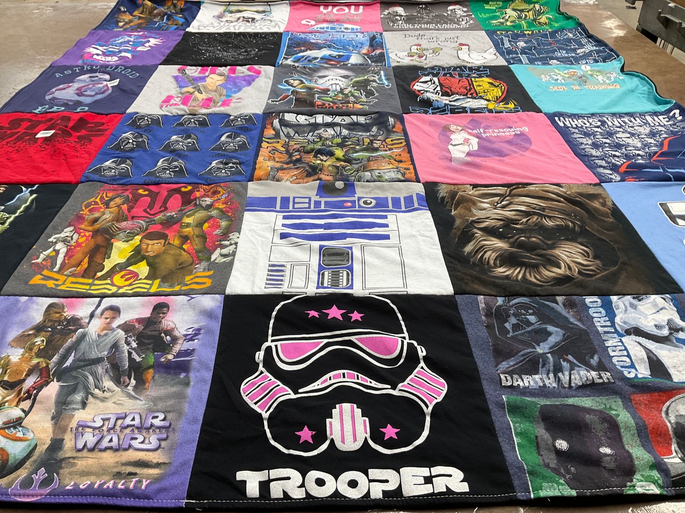 T-shirt quilt with sci-fi, movies themes by Debbie from OH