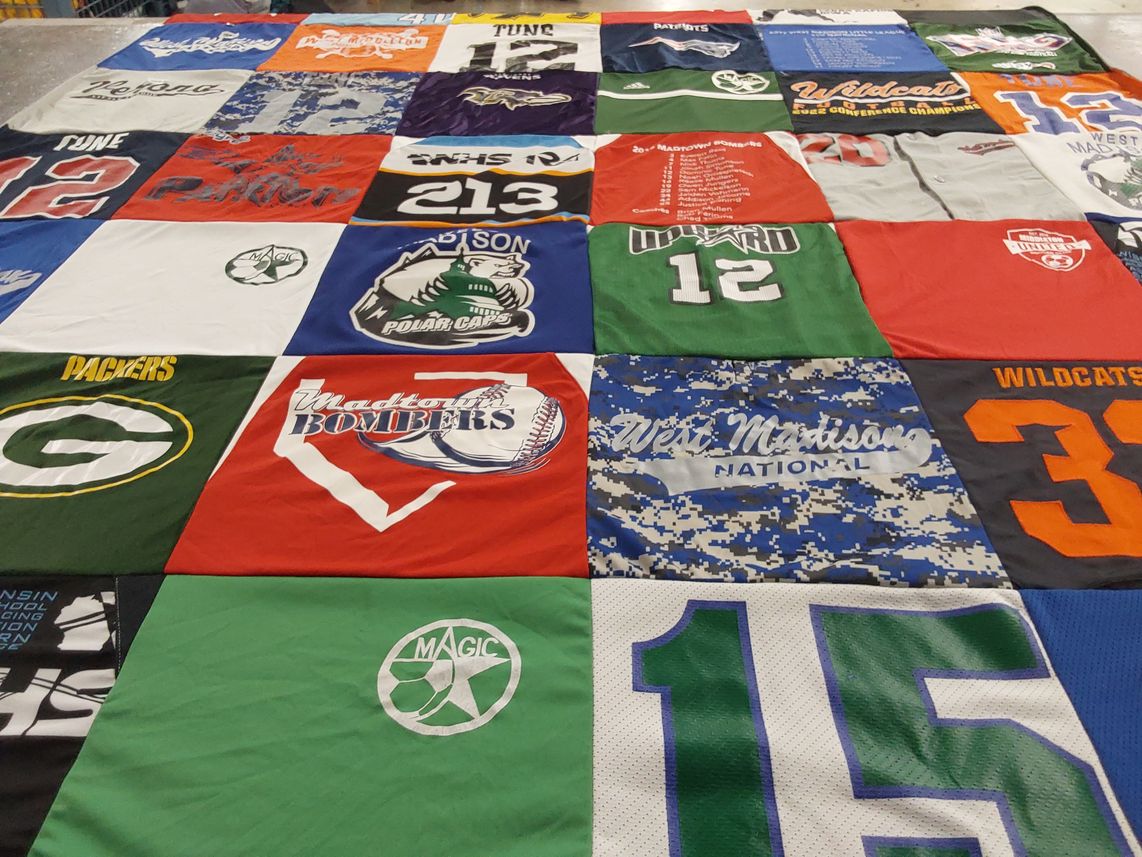 T-shirt quilt featuring madison bombers, green bay packers by Stacy from CA