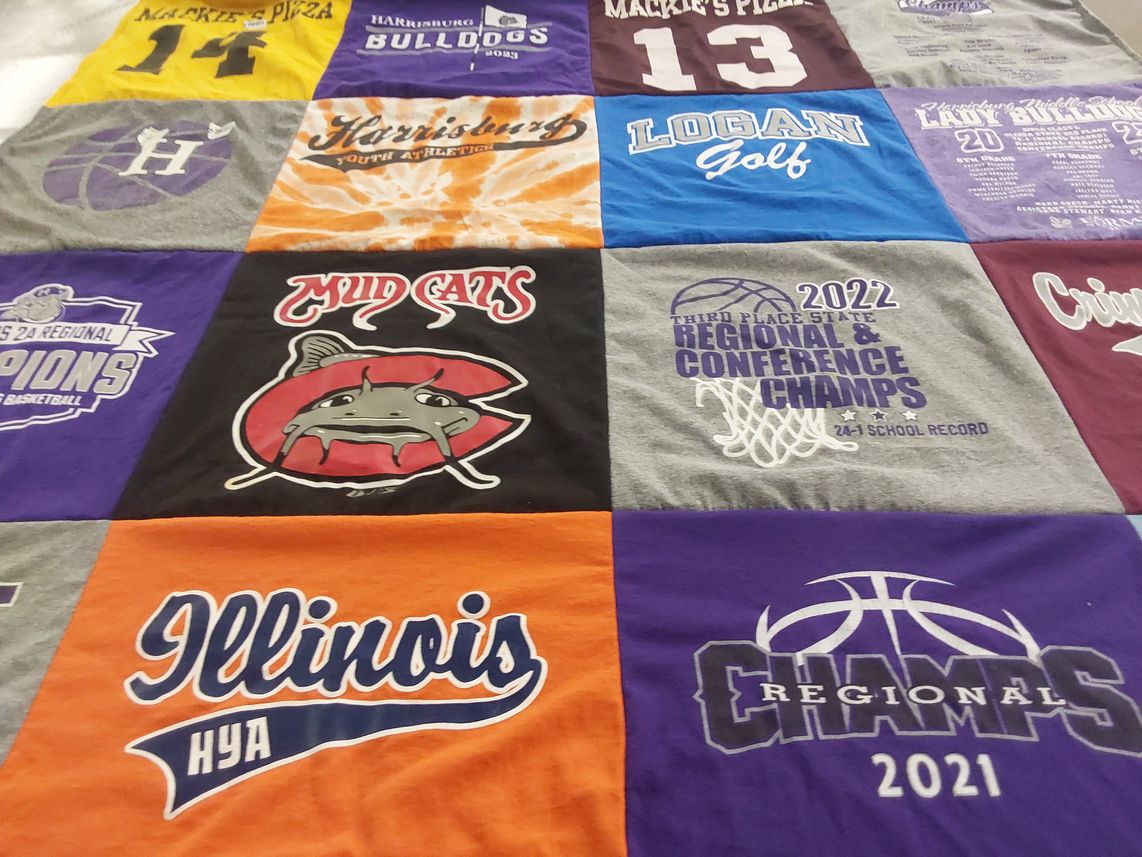 T-shirt quilt featuring harrisburg bulldogs, champaign mud cats by Whitney from IL