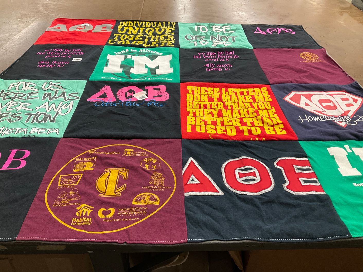 T-shirt quilt with sororities, fraternities themes by Esther from NY