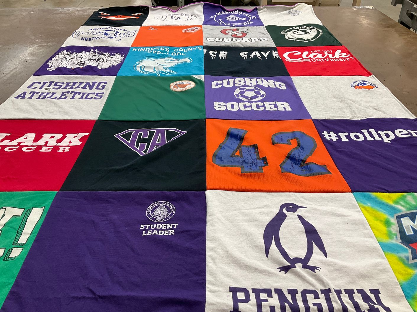 T-shirt quilt from clark university, cushing academy by Beth from MA