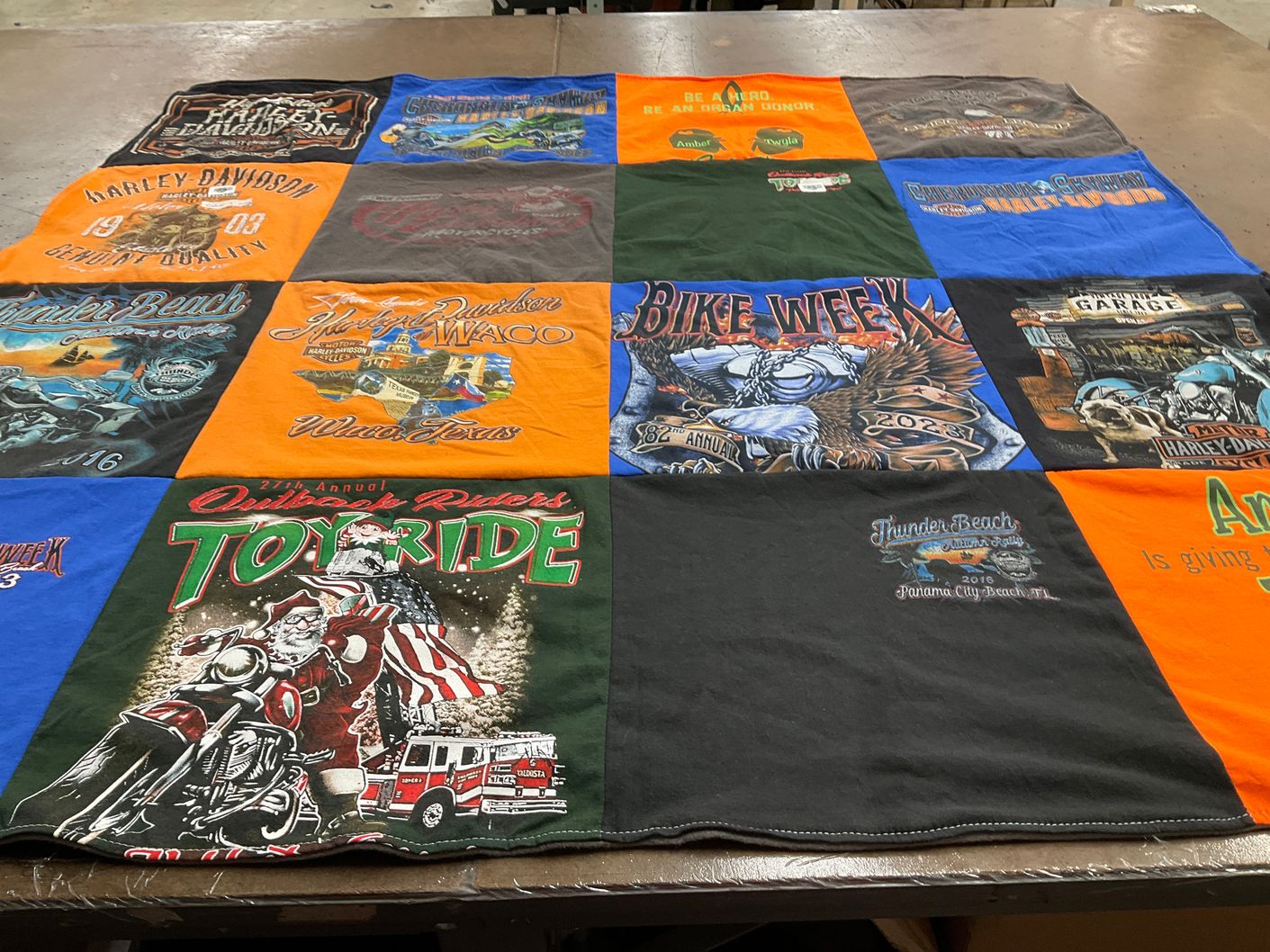 T-shirt quilt with motorcycles, biking themes by David from TX