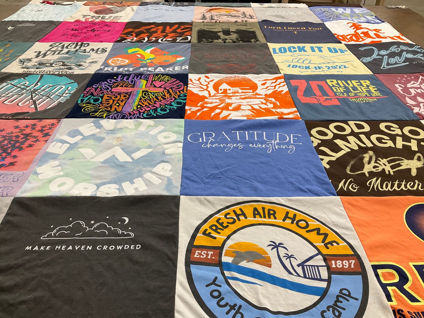 T-shirt quilt with religion, youth ministry themes by Julie from GA