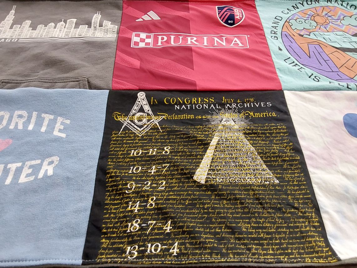 T-shirt quilt with travel, history themes by Julie from GA