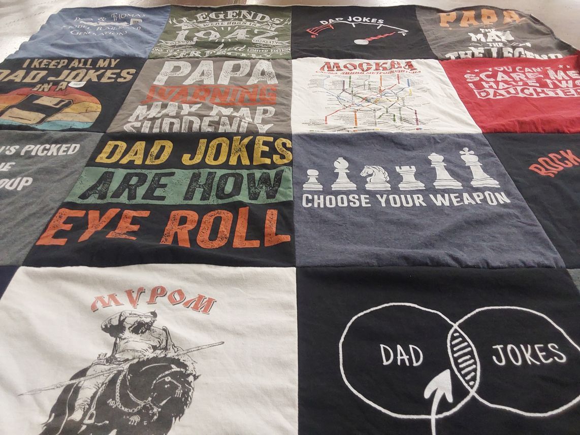 T-shirt quilt with dad jokes, puns themes by Carrie from WI