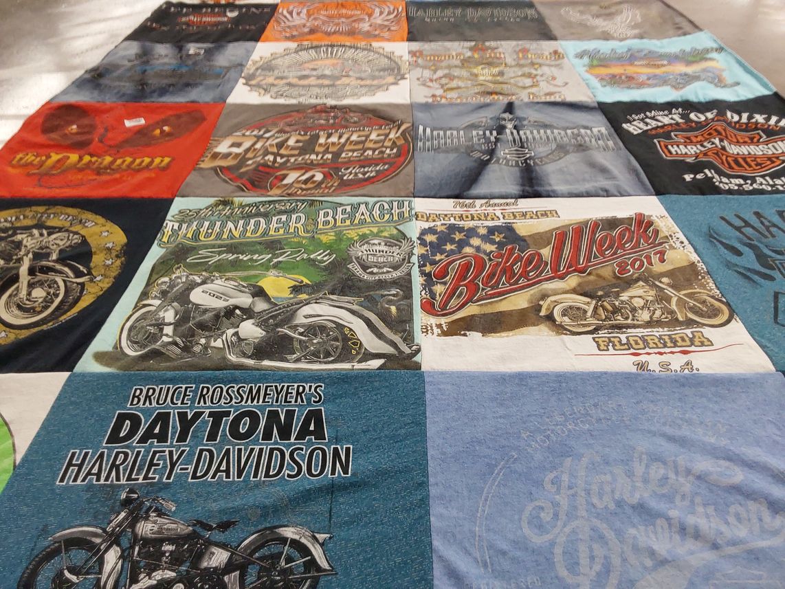 T-shirt quilt with motorcycles, biking themes by Angela from AL