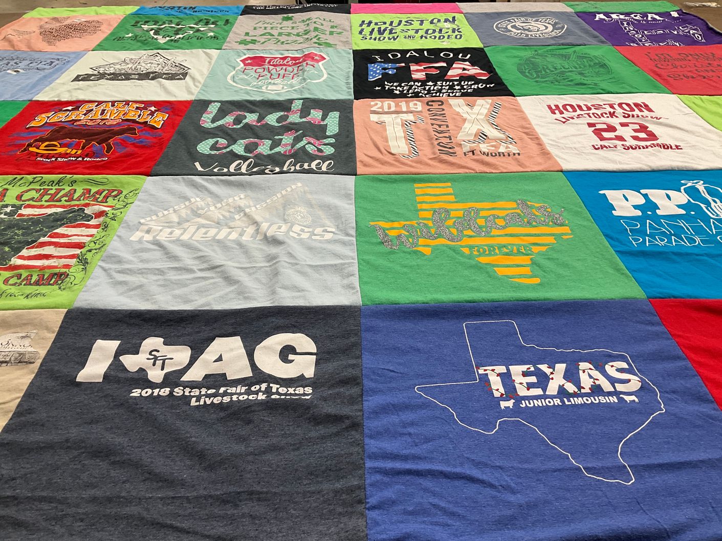 T-shirt quilt with livestock, volleyball themes by Ronna from TX