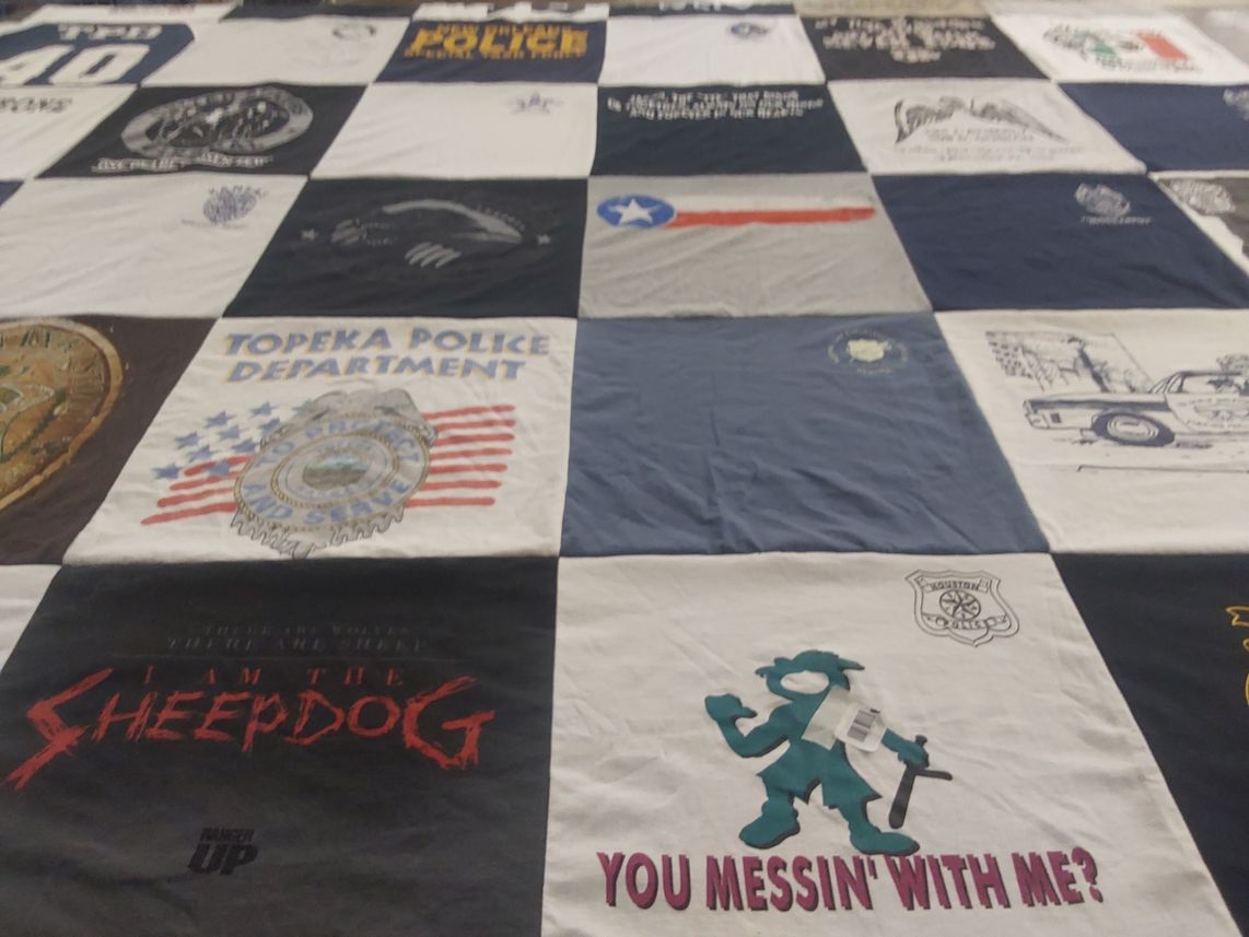 T-shirt quilt with law enforcement, public safety themes by Chelsea from KS