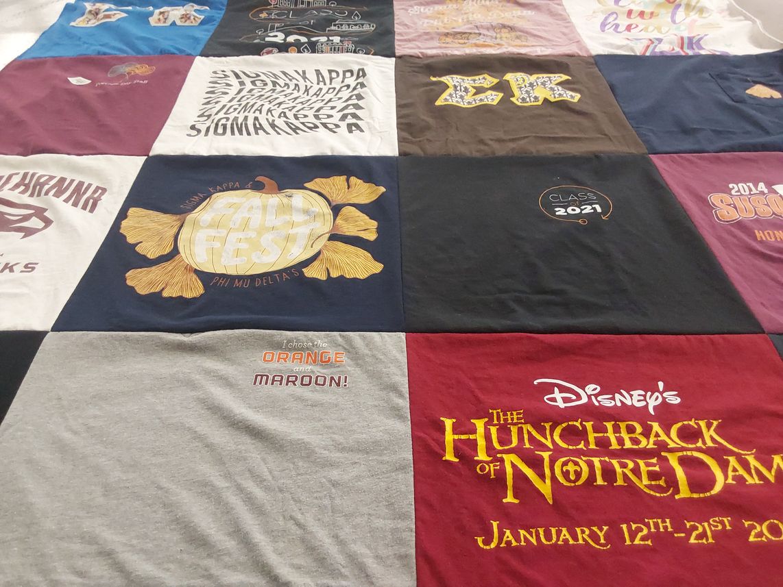T-shirt quilt with sororities, theater themes by Rebecca from PA