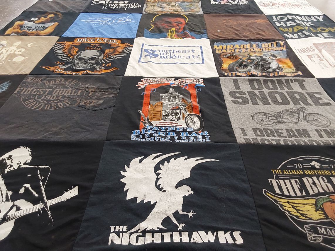 T-shirt quilt with biking, motorcycles themes by Kathleen from FL
