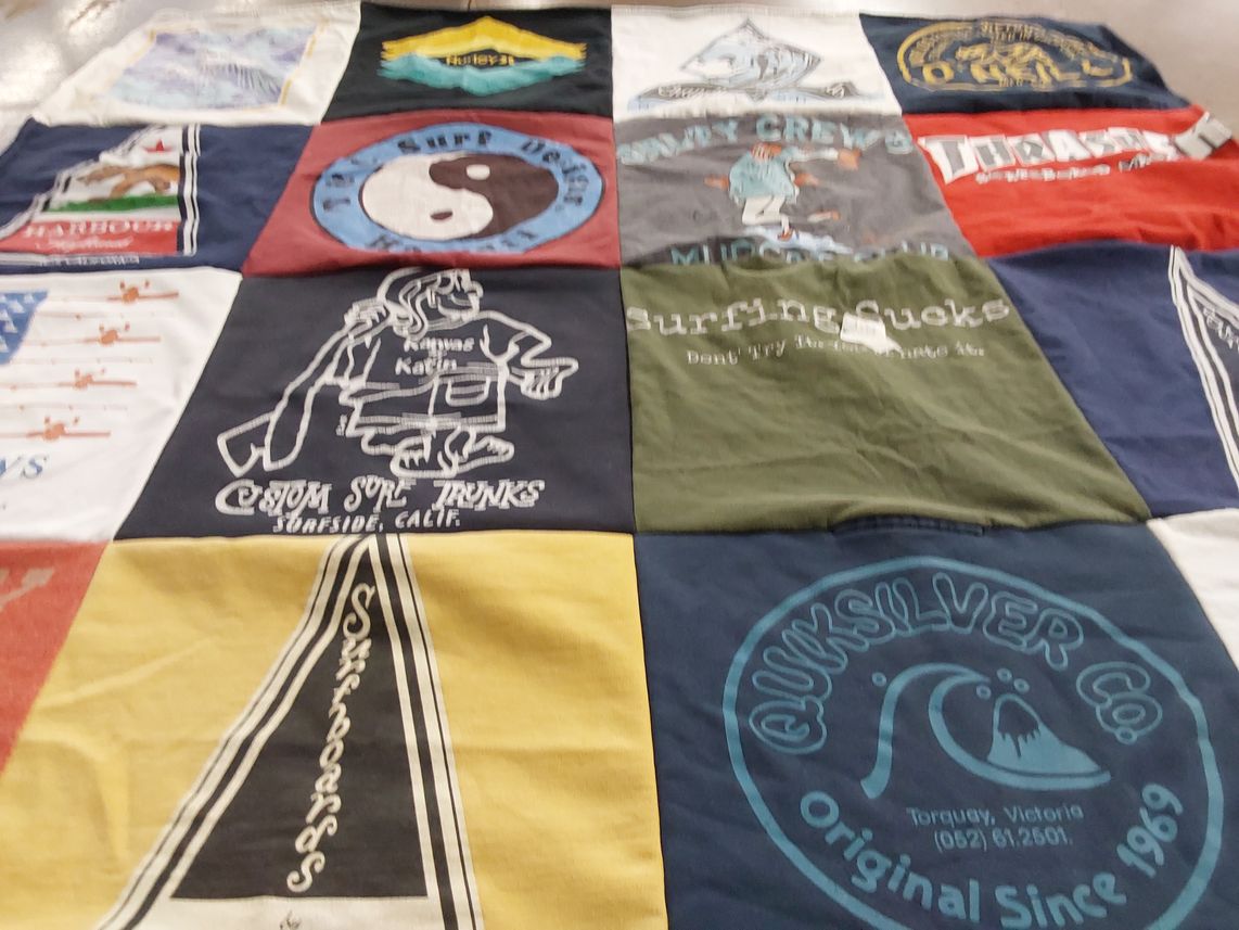 T-shirt quilt with surfing themes by Jennifer from CA